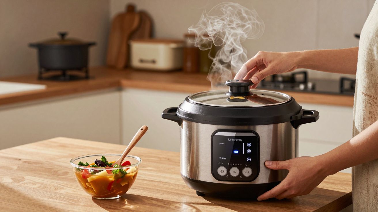 Pessoa ajusta panela elétrica numa cozinha, com vapor visível. Uma tigela de comida colorida está ao lado na bancada de madei