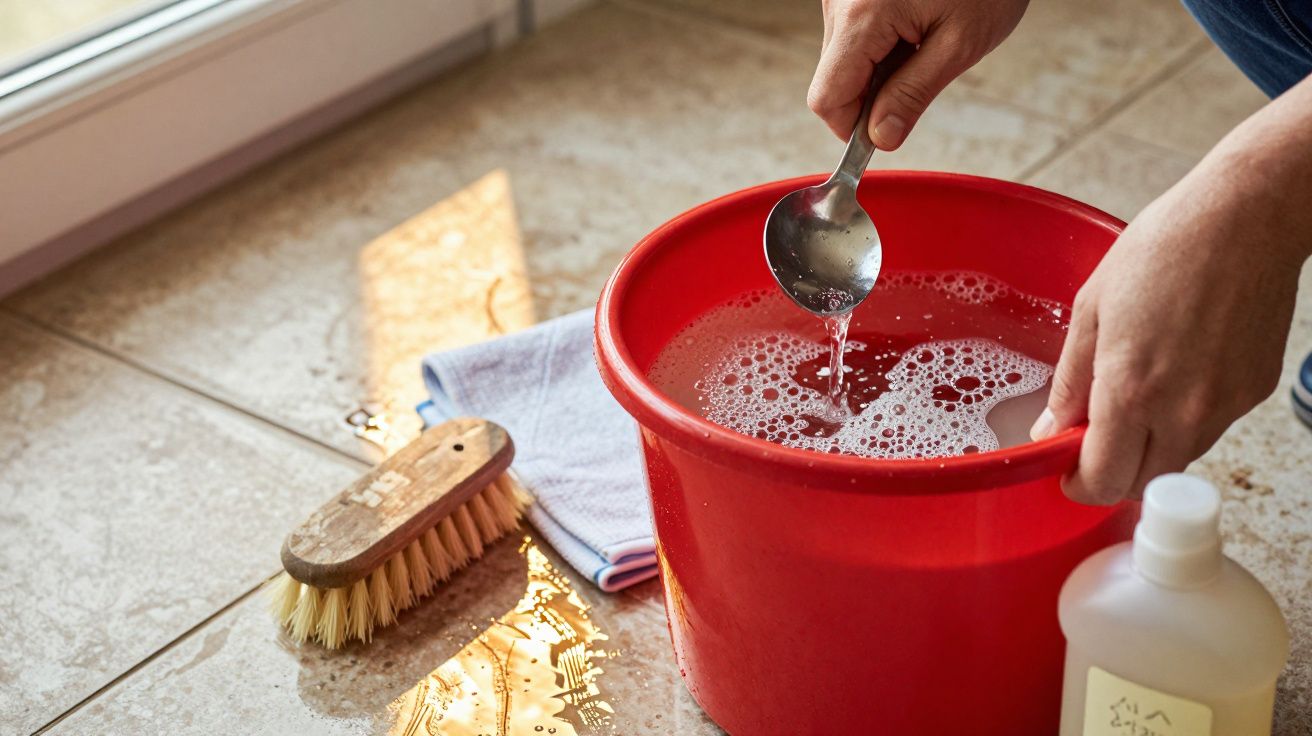 Pessoa mistura solução de limpeza num balde vermelho, com escova e pano ao lado, sobre chão de azulejos.