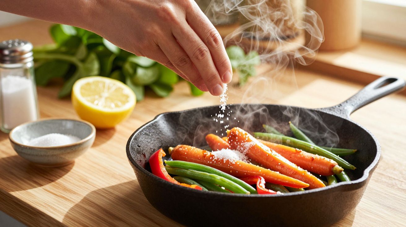 Mão a polvilhar sal sobre cenouras e feijão verde a cozinhar numa frigideira de ferro fundido, com limão ao fundo.