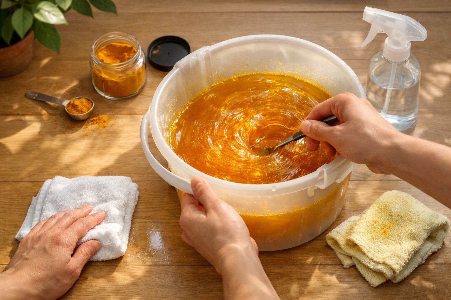 Pó amarelo a ser despejado num balde de água, formando um vórtice brilhante. Toalhas brancas e pó ao lado.