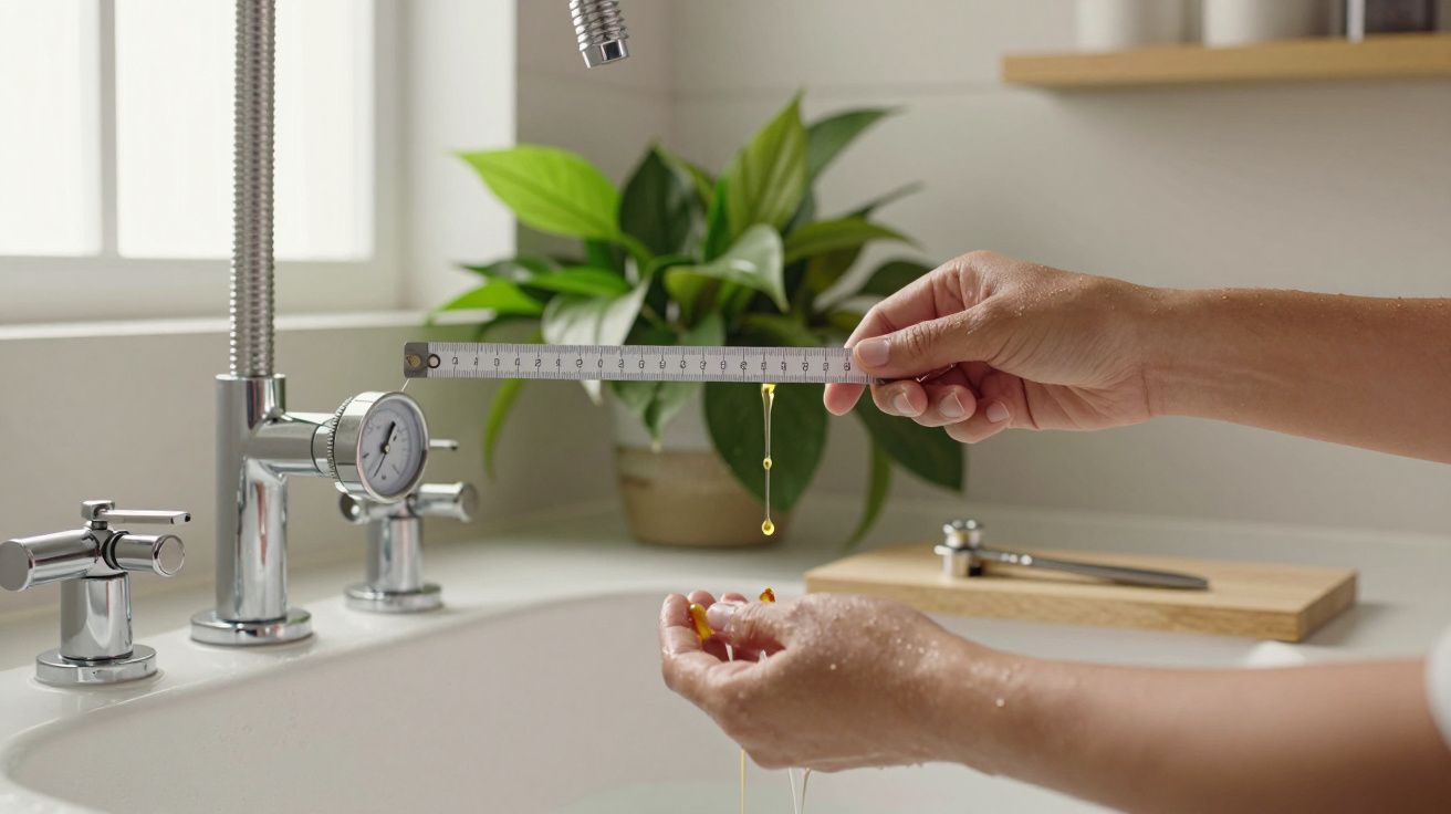 Mãos segurando uma régua de metal sob torneira na cozinha, medindo a água a pingar.
