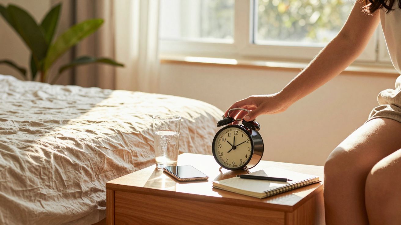 Mulher desliga despertador em mesa de cabeceira com copo d'água, bloco de notas e telemóvel ao lado da cama.