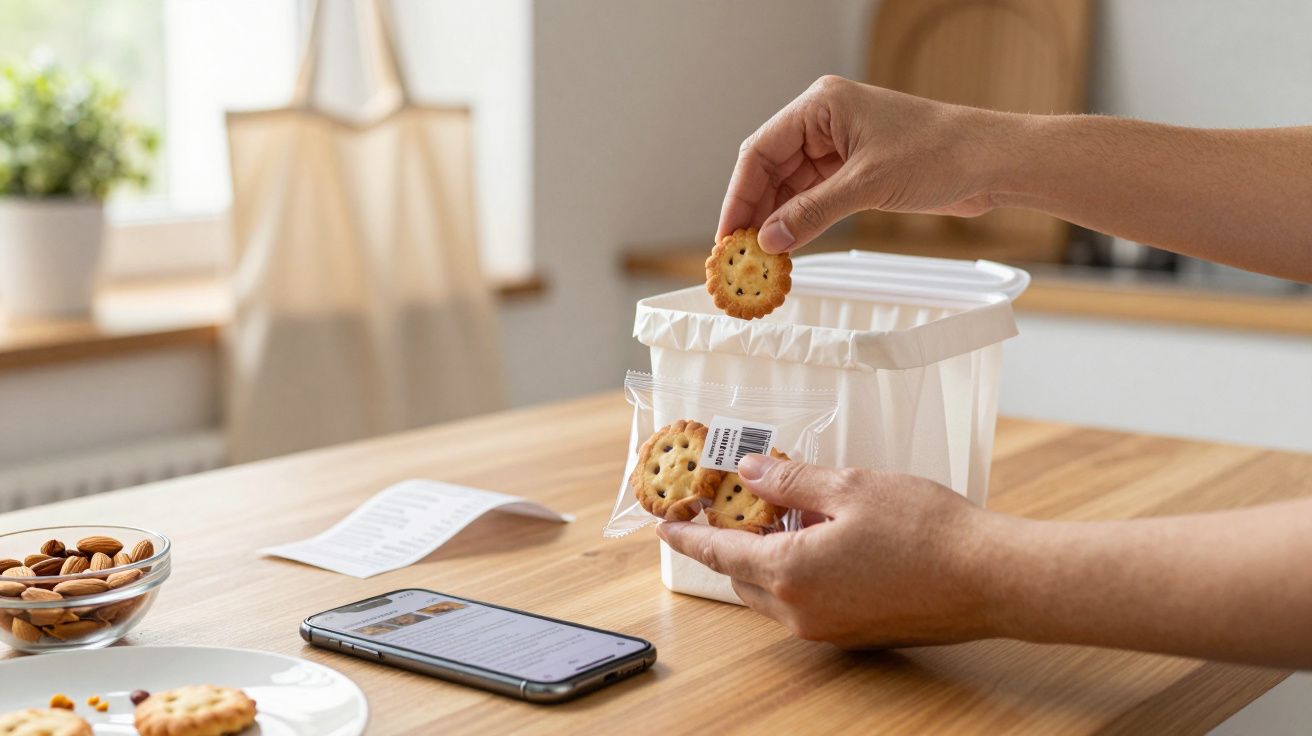 Mãos colocando bolachas embaladas num caixote do lixo, com mesa de madeira, telemóvel e tigela de frutos secos ao lado.