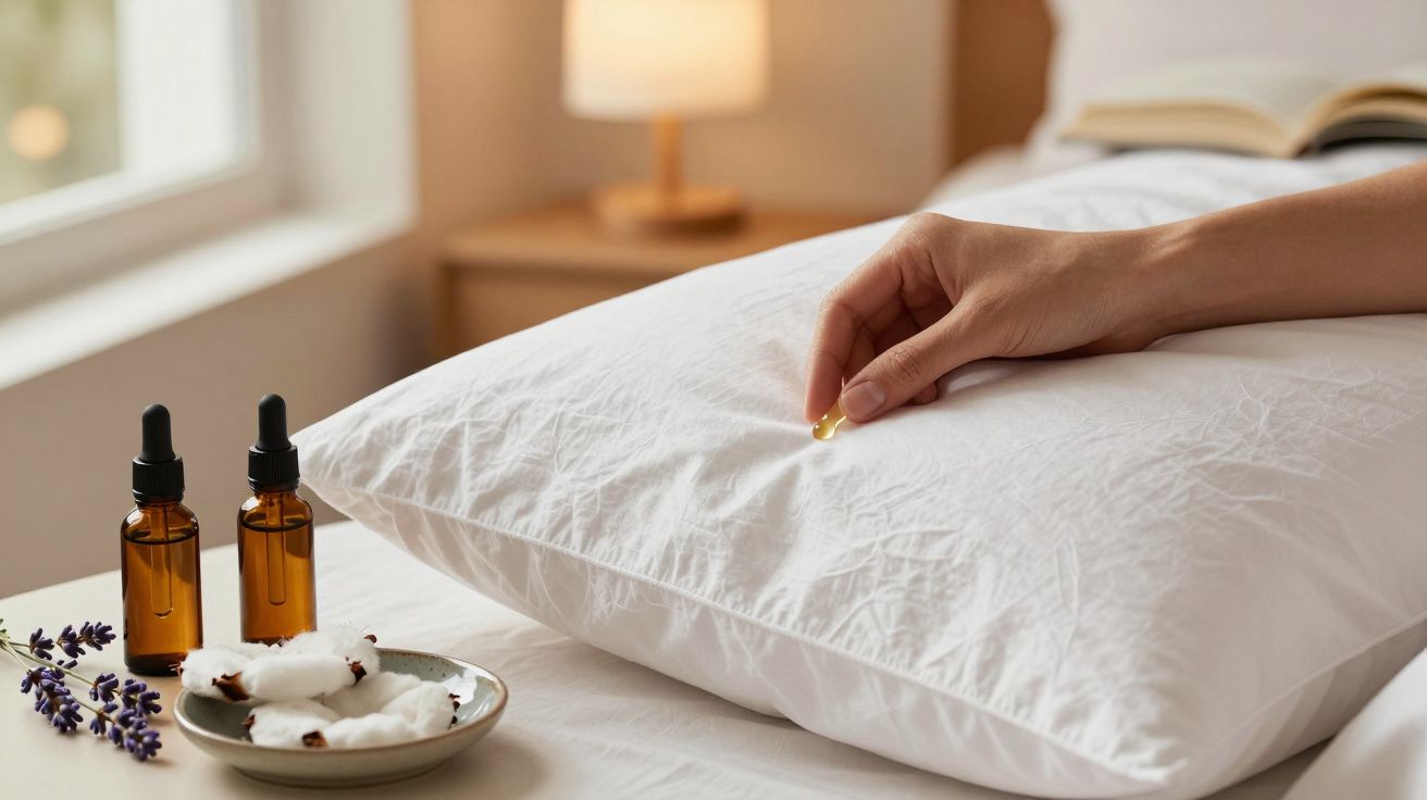 Mão coloca cápsula amarela sobre almofada branca com frascos de óleo e algodão ao lado, abajur ao fundo.