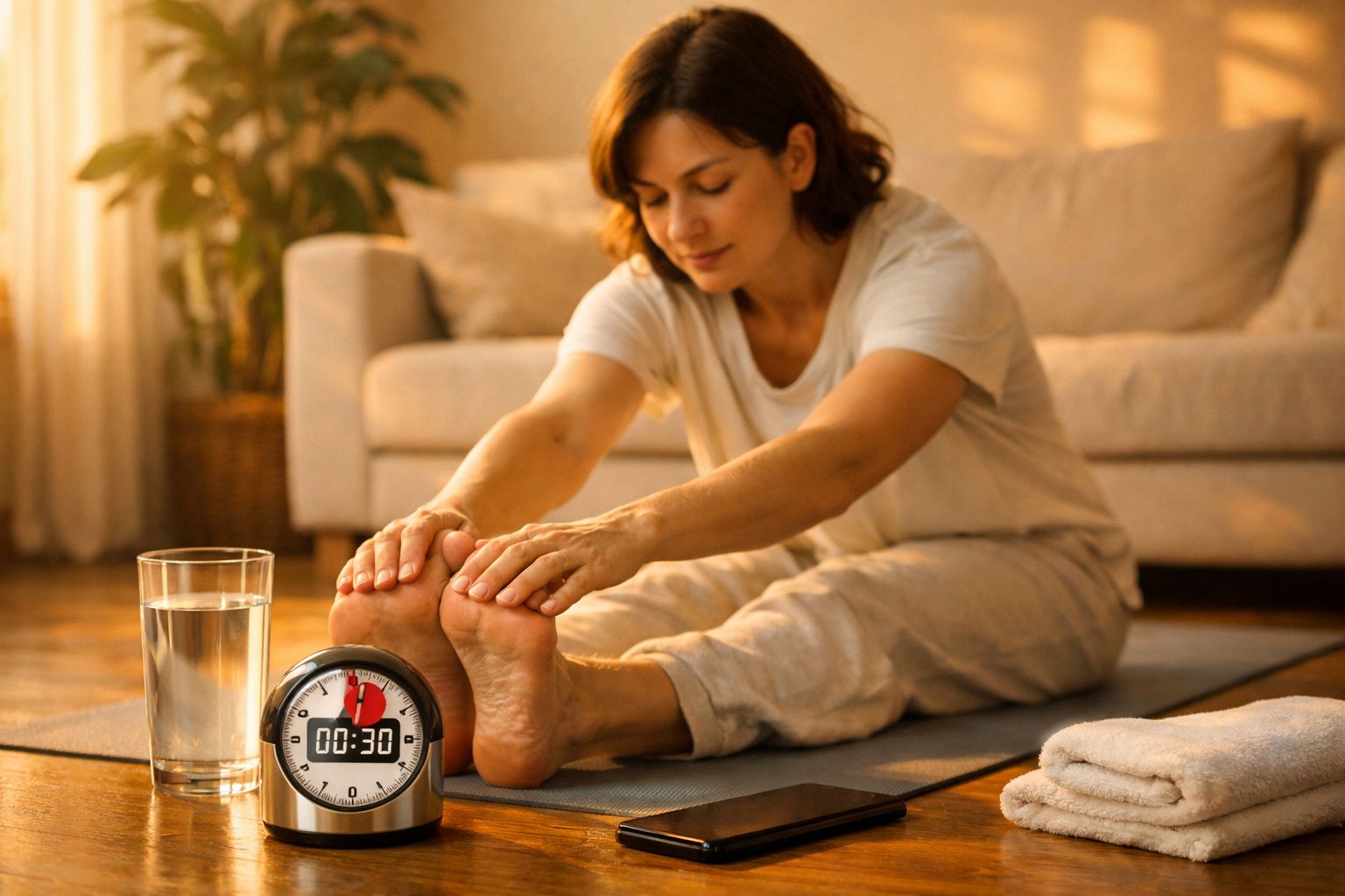 Mulher fazendo alongamento no tapete em casa, com um cronómetro e copo de água ao lado.