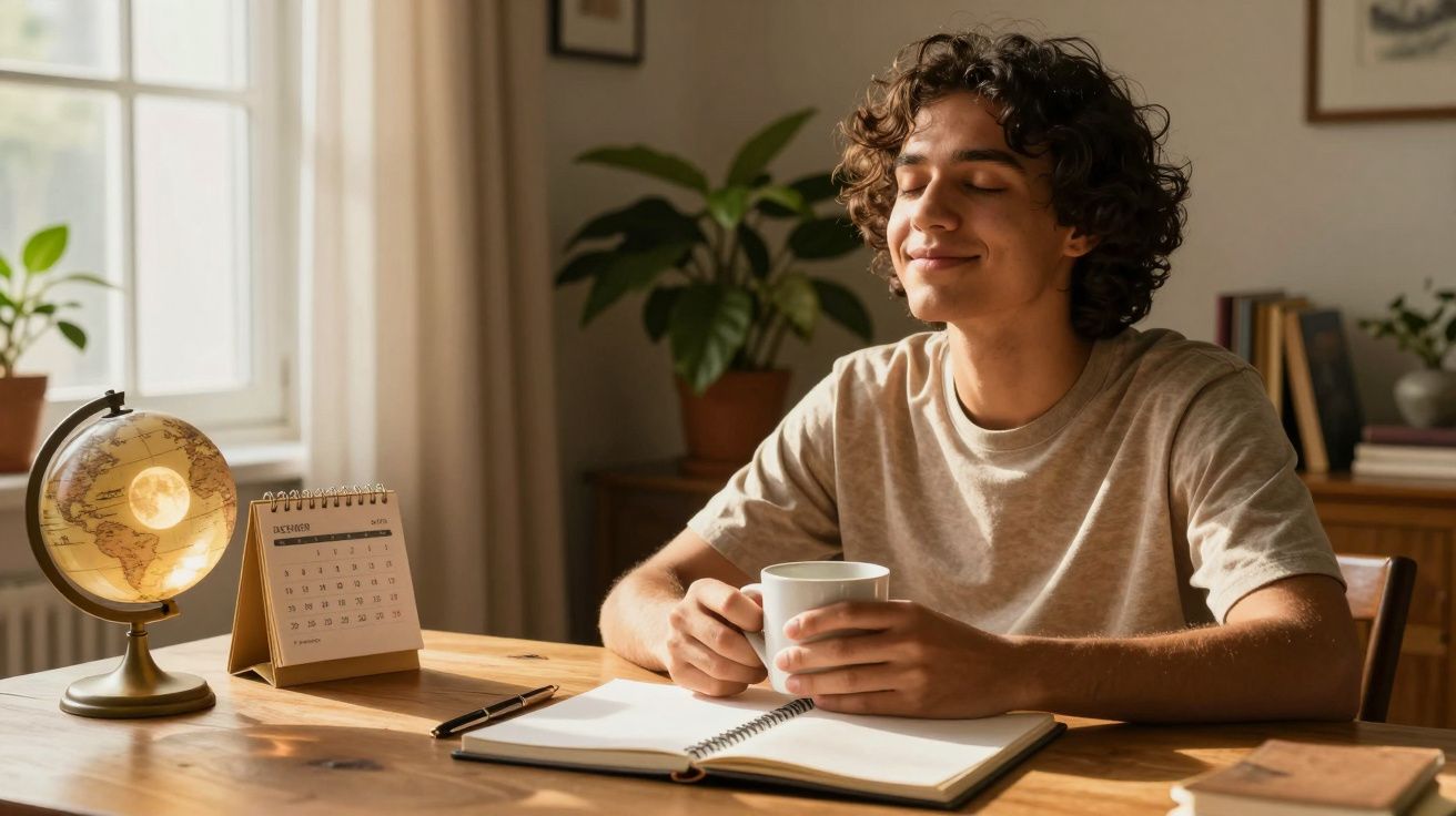 Jovem sorridente sentado à mesa com chávena, caderno aberto e globo iluminado ao lado.