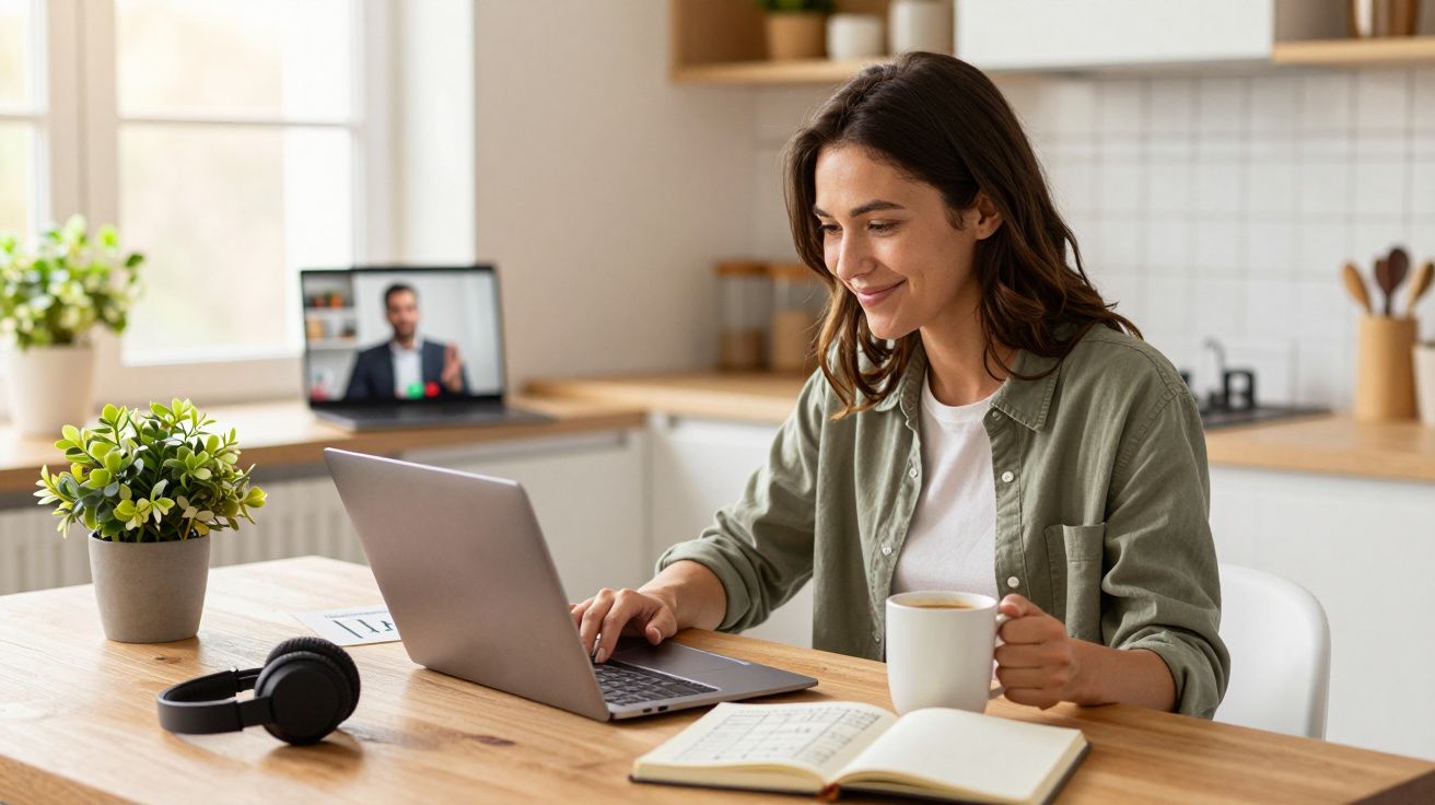 Mulher sorridente trabalhando no portátil, caneca na mão, numa cozinha moderna; videoconferência no ecrã ao fundo.