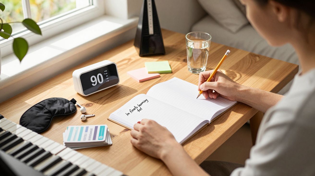 Pessoa escreve em caderno numa secretária com um copo de água, bloco de notas, despertador e piano ao fundo.