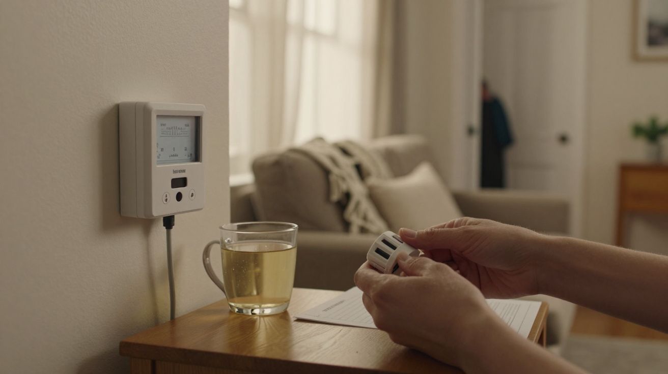 Pessoa a ajustar um termostato, com chá sobre a mesa, numa sala de estar iluminada por janela.