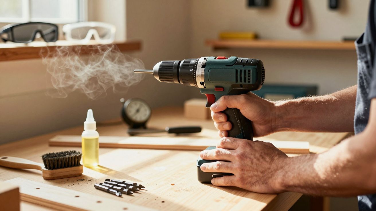 Pessoa a usar uma furadeira elétrica, soltando fumo, numa oficina com várias ferramentas sobre a bancada.
