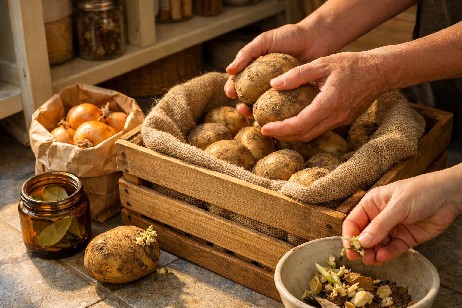 Mãos segurando batatas numa caixa de madeira, com cebolas ao lado e folhas de louro num frasco.