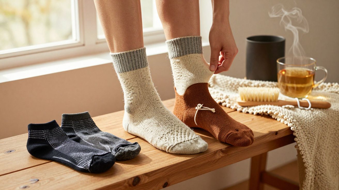 Pés calçados com meias quentes em ambiente aconchegante; chá e acessórios ao fundo.