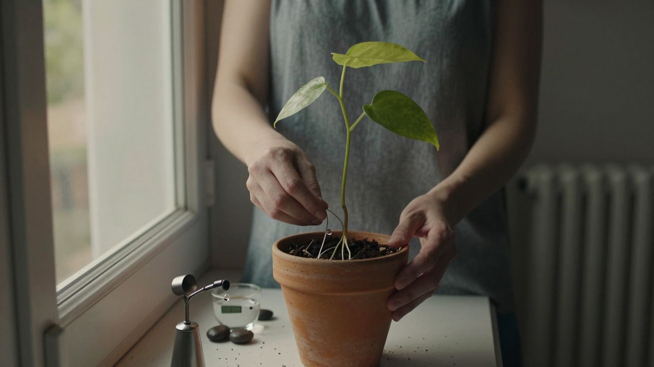Pessoa cuidando de uma planta num vaso de barro, junto à janela.