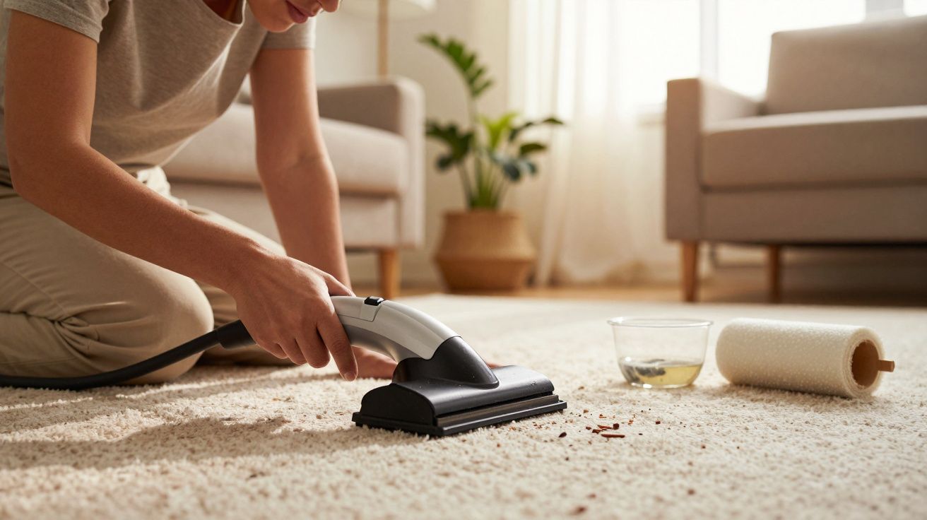 Pessoa a limpar tapete claro com aspirador portátil, copo pequeno e rolo de papel toalha ao lado na sala de estar.