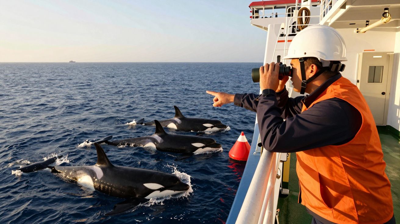 Homem observa orcas do convés de um navio, vestindo colete laranja e capacete, usando binóculos e apontando para o mar.