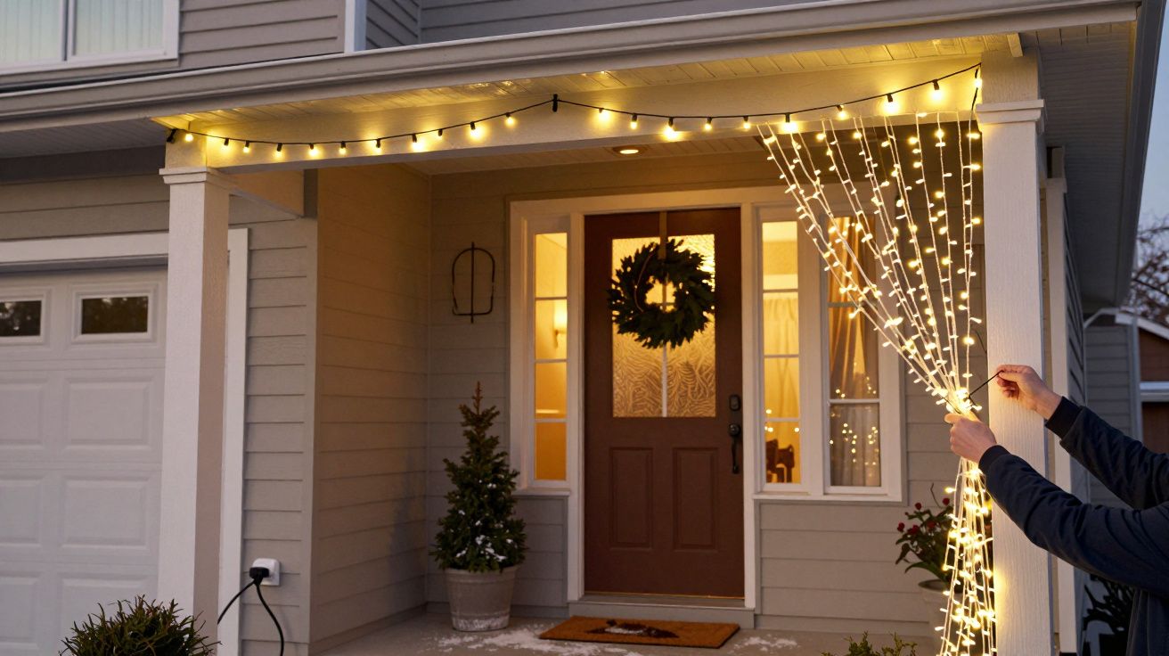Entrada de casa decorada com luzes de Natal, porta com grinalda, e uma pessoa a ajustar as luzes na varanda.