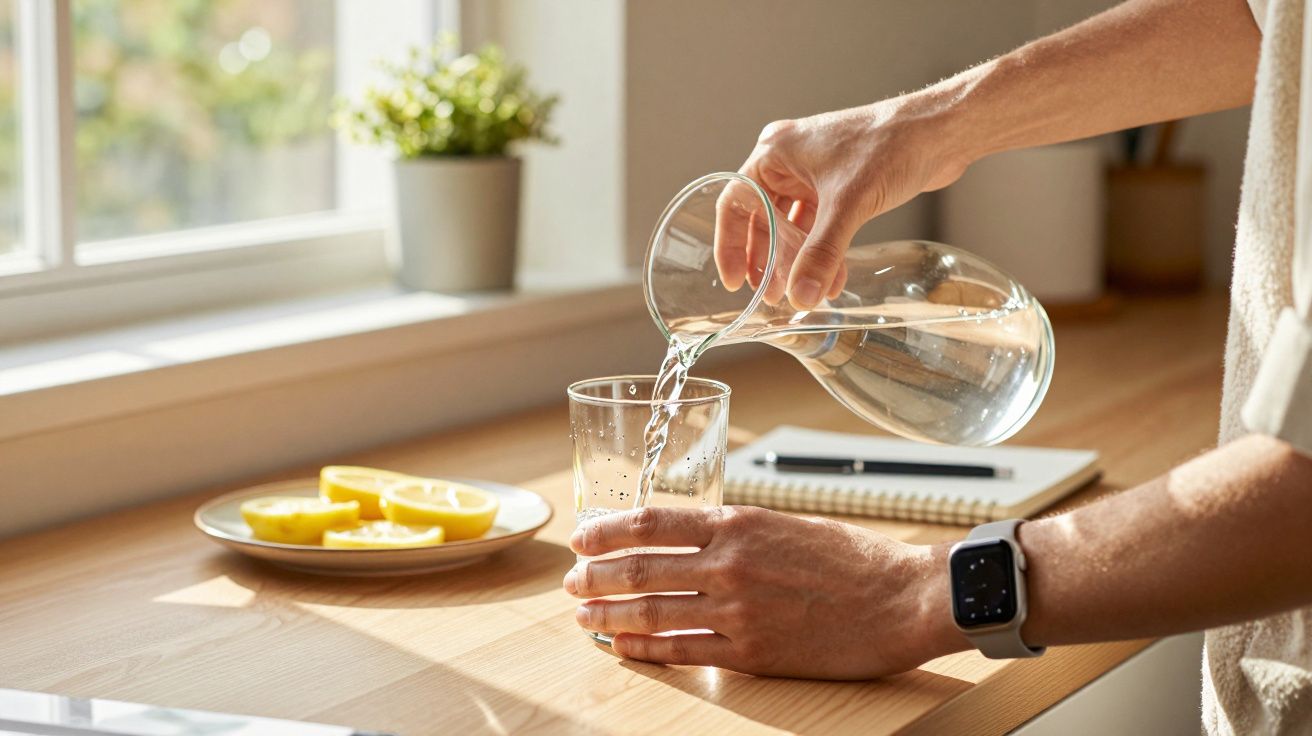 Pessoa a servir água num copo, numa bancada com caderno e limões cortados ao sol.