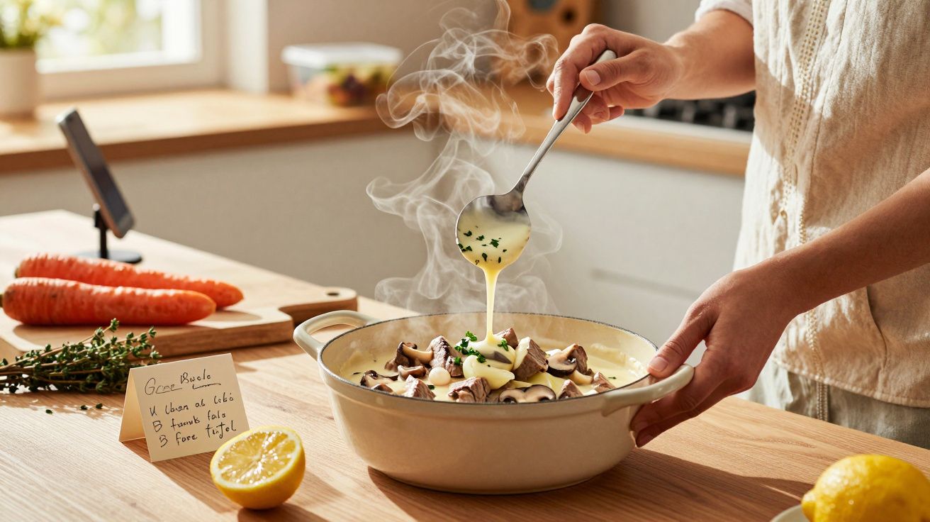 Pessoa a servir sopa cremosa com vegetais frescos numa cozinha iluminada pelo sol.