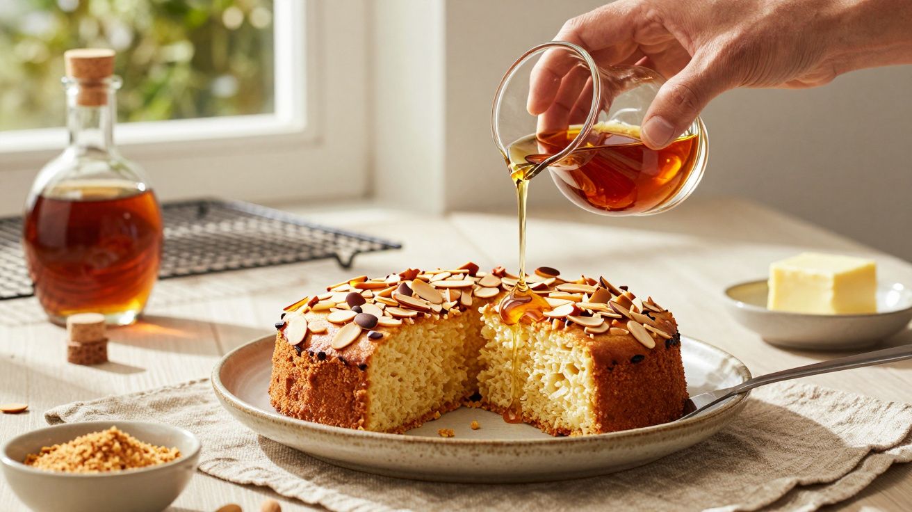 Bolo coberto com amêndoas e mel sendo derramado, sobre mesa com xícara de mel e prato de manteiga ao fundo.