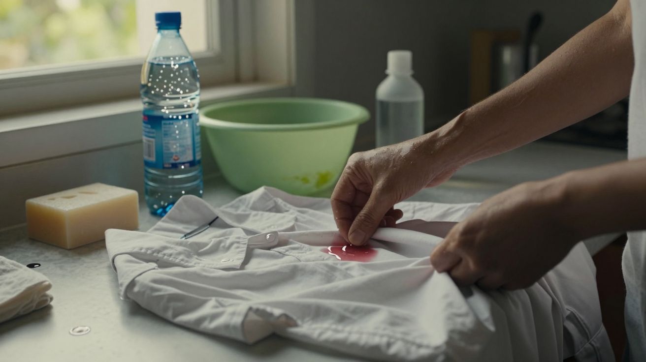 Pessoa remove mancha rosa de camisa branca numa bancada com detergente e esponja.