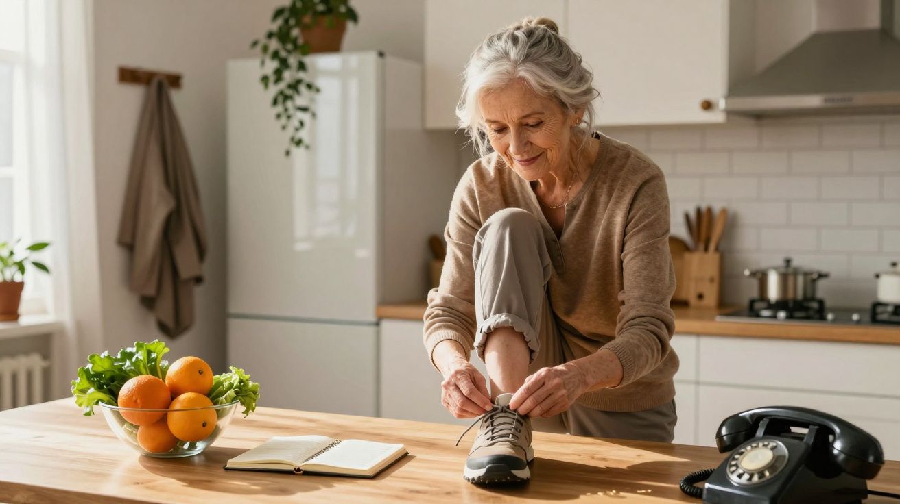 Mulher idosa com cabelo grisalho a atar sapatos na cozinha, com frutas, caderno e telefone antigo sobre a mesa.