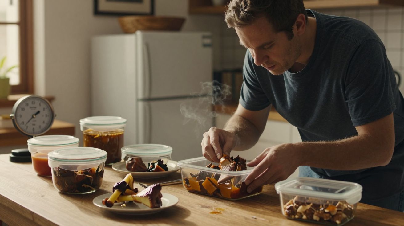 Homem a preparar refeições em recipientes na cozinha, com vários frascos ao lado.
