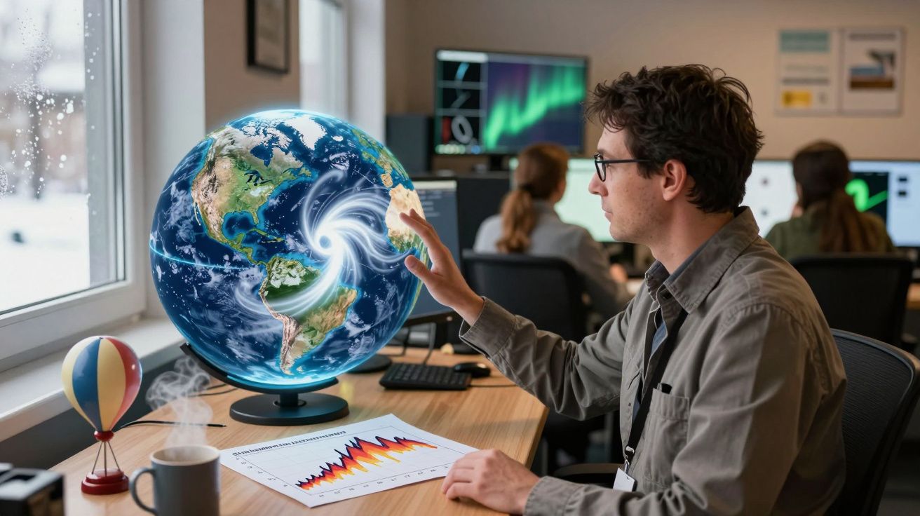Homem analisa imagem digital interativa de um globo terrestre com um ciclone, em frente a gráficos meteorológicos.
