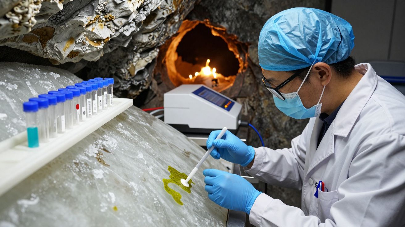 Cientista com máscara e luvas analisa amostras numa caverna com equipamentos laboratoriais.