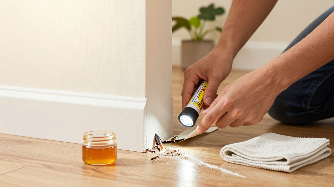 Mãos de uma pessoa a apontar para formigas no canto de um rodapé, com um frasco de mel e uma toalha ao lado.