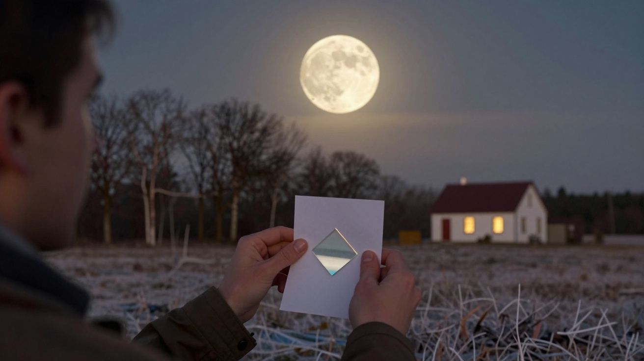Homem segura papel com diamante refletindo luz da lua cheia ao anoitecer, casa e árvores ao fundo.