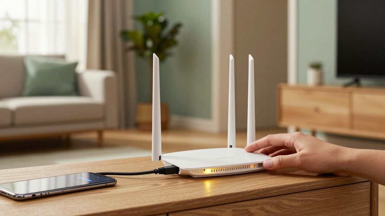 Mão ajustando um router branco com antenas sobre uma mesa de madeira, ao lado de um smartphone.
