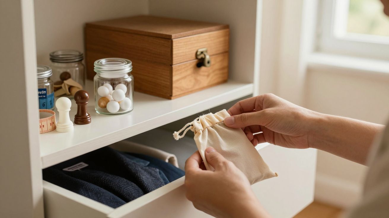Pessoa a segurar saco de tecido pequeno em frente a prateleira com frascos e caixa de madeira ao lado de janela.