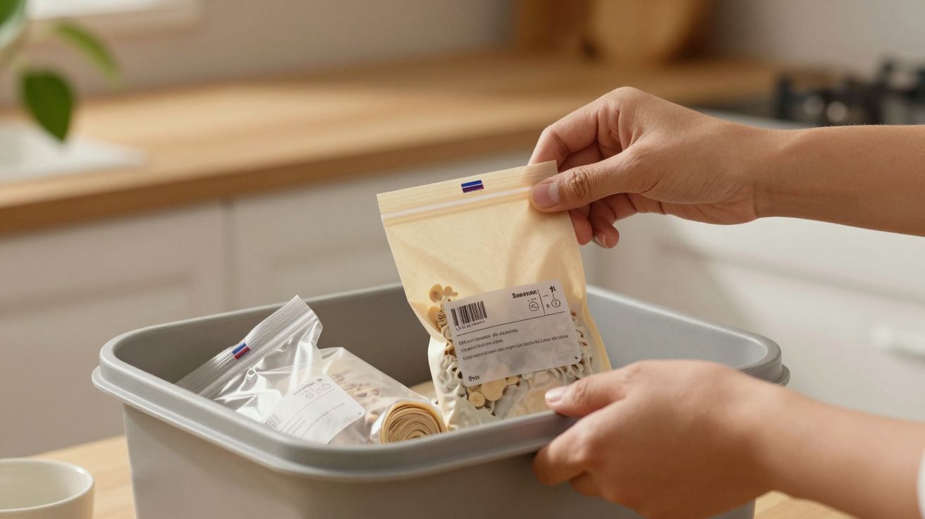 Mãos organizando sacos de alimentos em caixa plástica na cozinha clara.