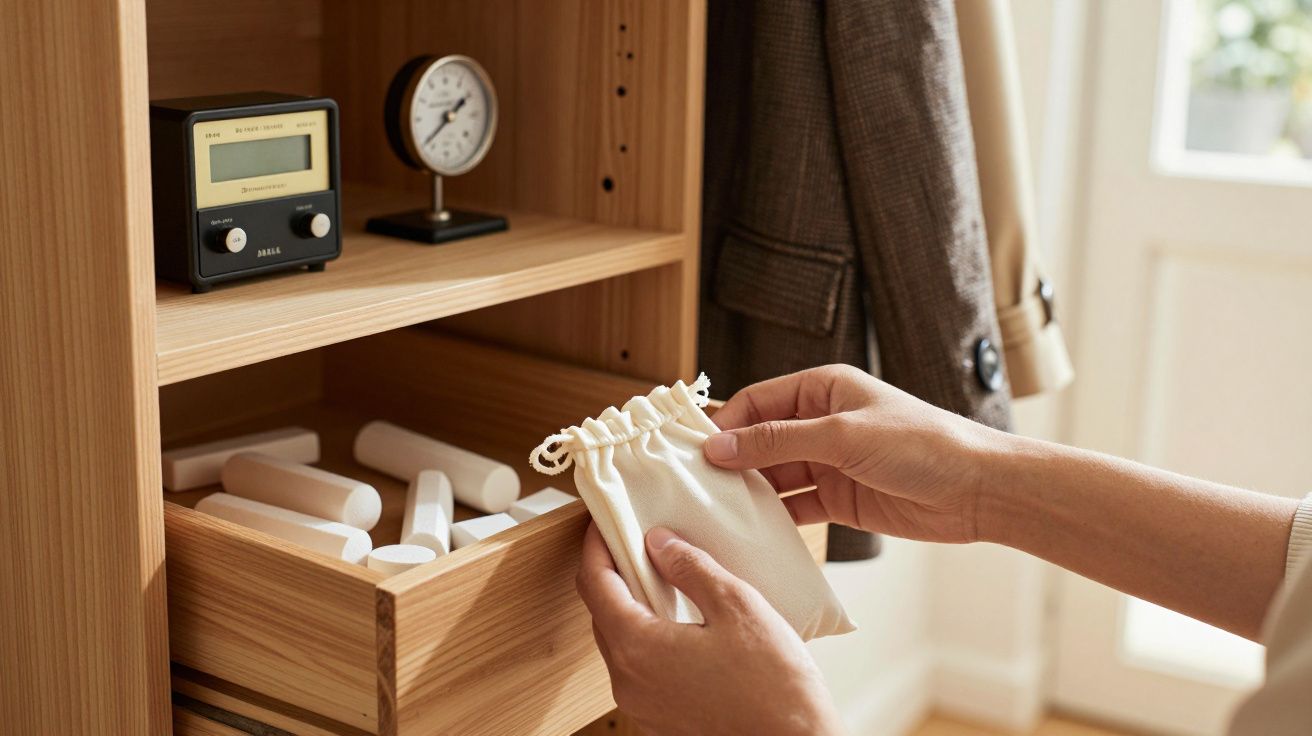 Mãos segurando um saco de tecido ao lado de um relógio e items em prateleira de madeira num guarda-roupa.