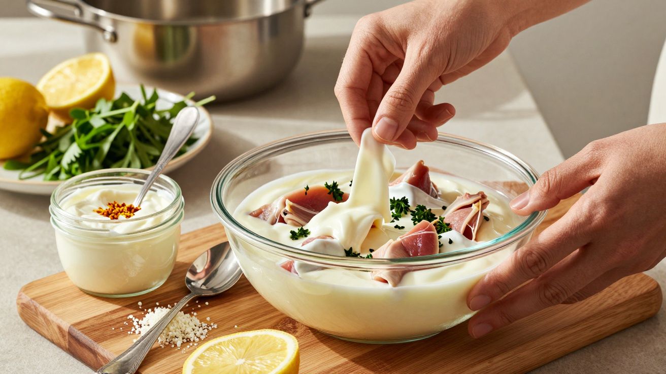 Mãos misturando iogurte, presunto e salsa numa taça. No fundo, limões, um frasco pequeno e ervas sobre a tábua de madeira.