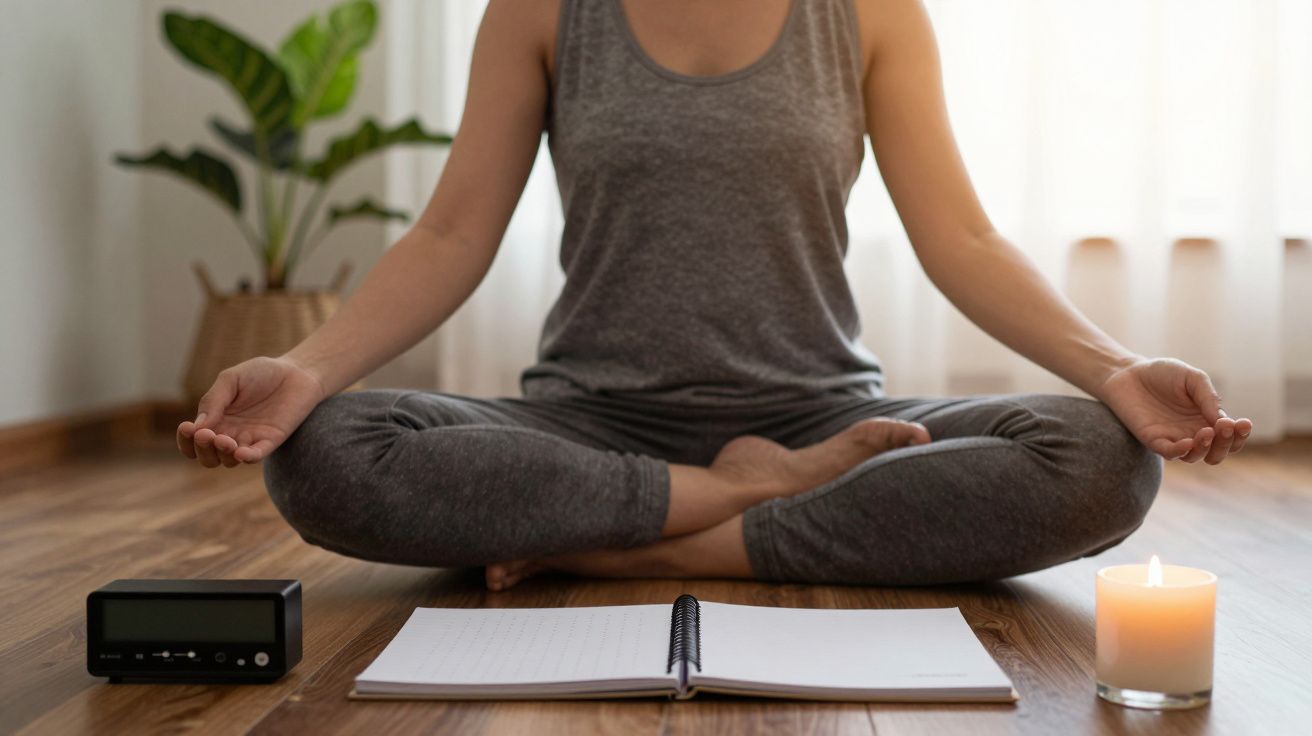 Mulher medita em posição de lótus, com vela, bloco de notas e relógio ao lado, em sala iluminada.