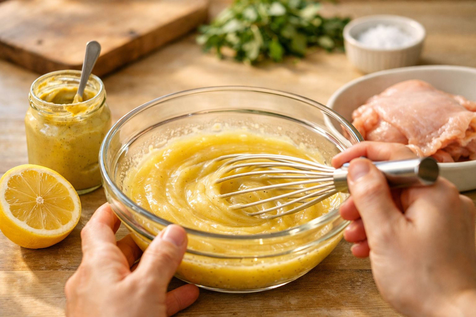 Mãos misturando molho de mostarda e limão numa tigela de vidro, com frango cru, salsa e sal ao fundo.