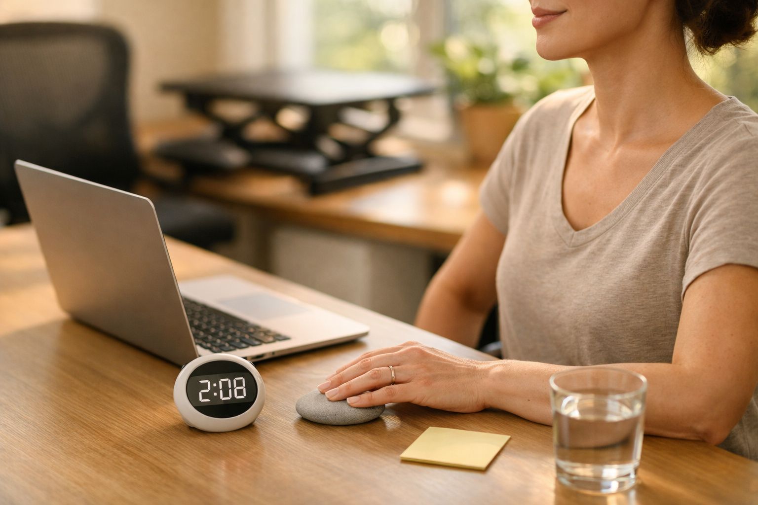 Mulher sentada ao escritório com computador portátil, relógio digital às 2:08 e bloco de notas amarelo na mesa.