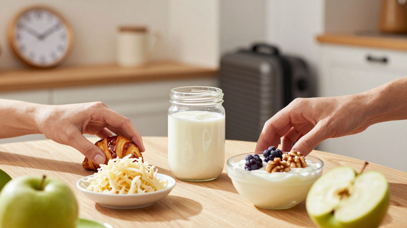 Duas mãos alcançam pratos com queijo, croissant, iogurte e nozes; jarro de leite e maçãs verdes em cima da mesa.