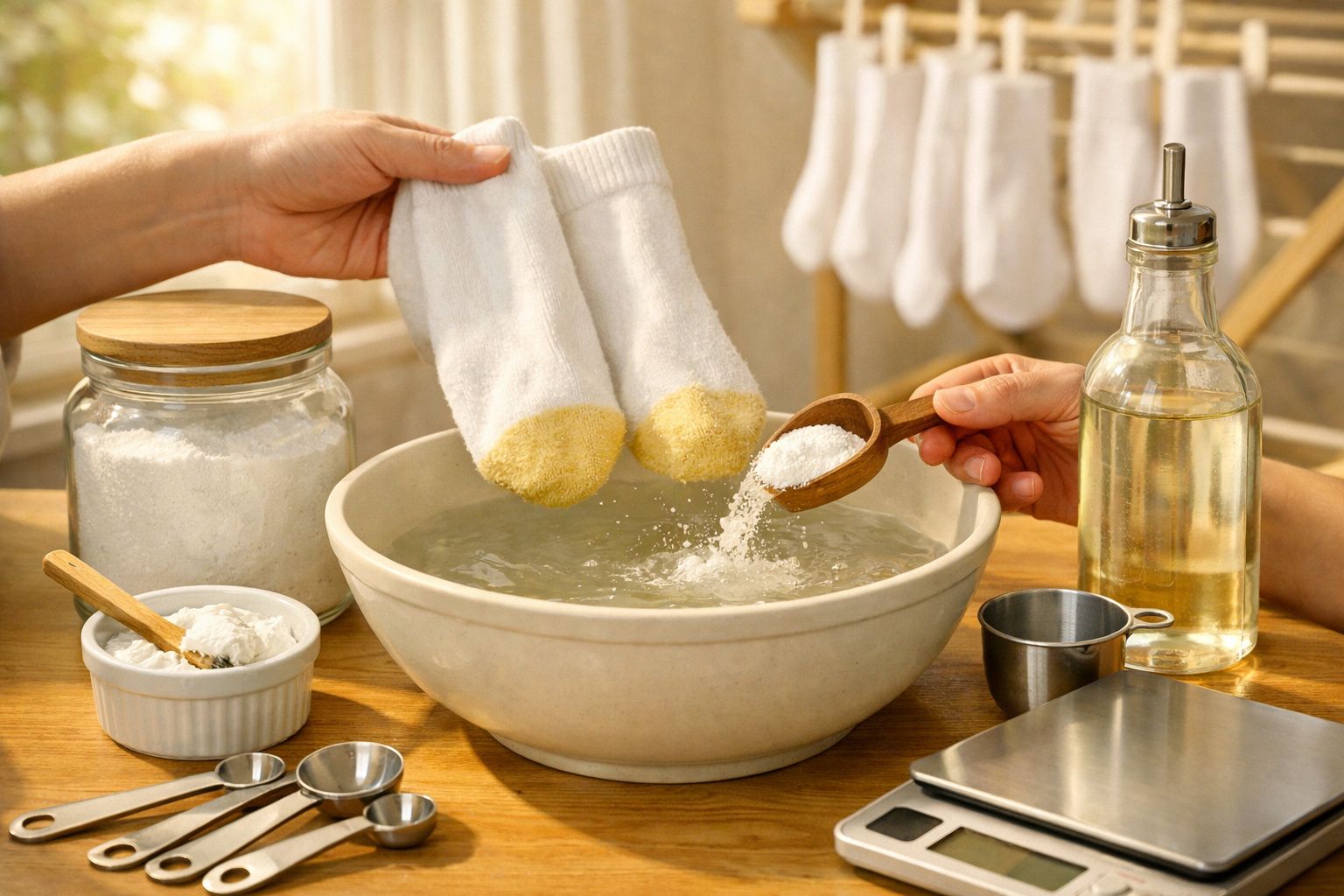 Pessoas a preparar uma solução de limpeza com bicarbonato para clarear meias brancas numa bacia de água.
