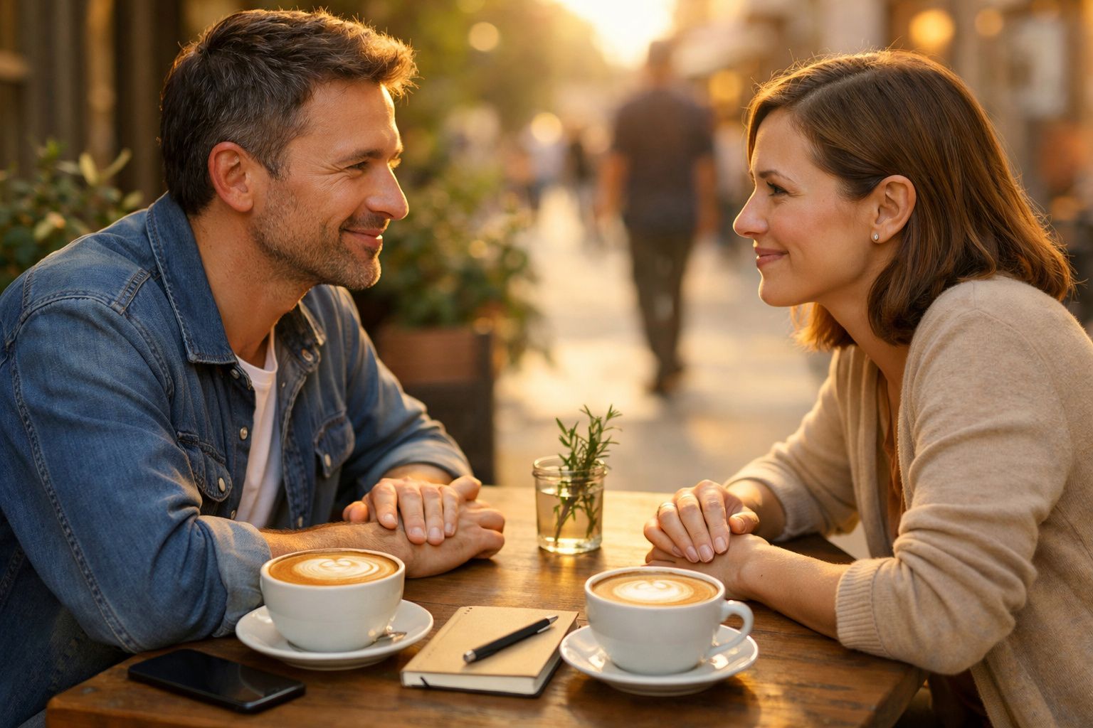 Casal sentado em mesa de café ao ar livre, sorrindo um para o outro. Duas chávenas de cappuccino à frente.