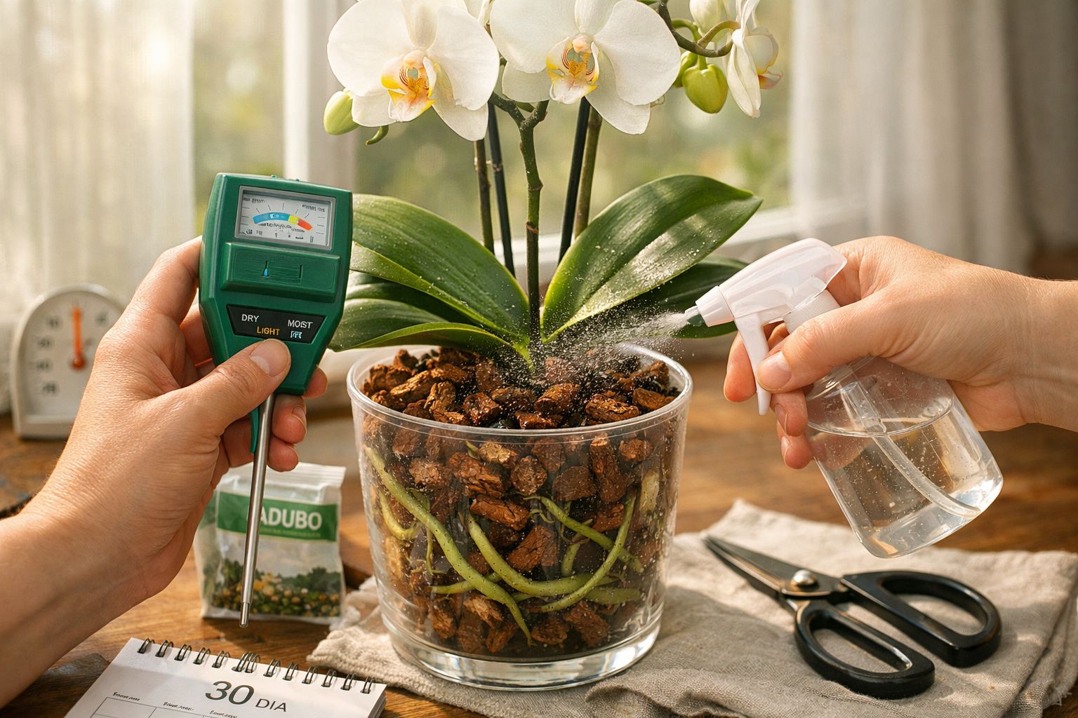 Pessoa cuida de orquídea branca, usando medidor de umidade e borrifador de água, com adubo e tesoura ao fundo.