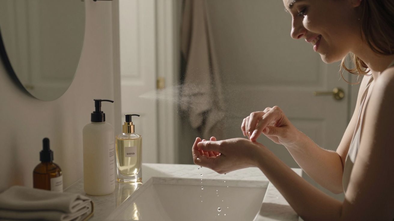 Mulher sorridente aplica produto nas mãos em frente a um espelho na casa de banho.