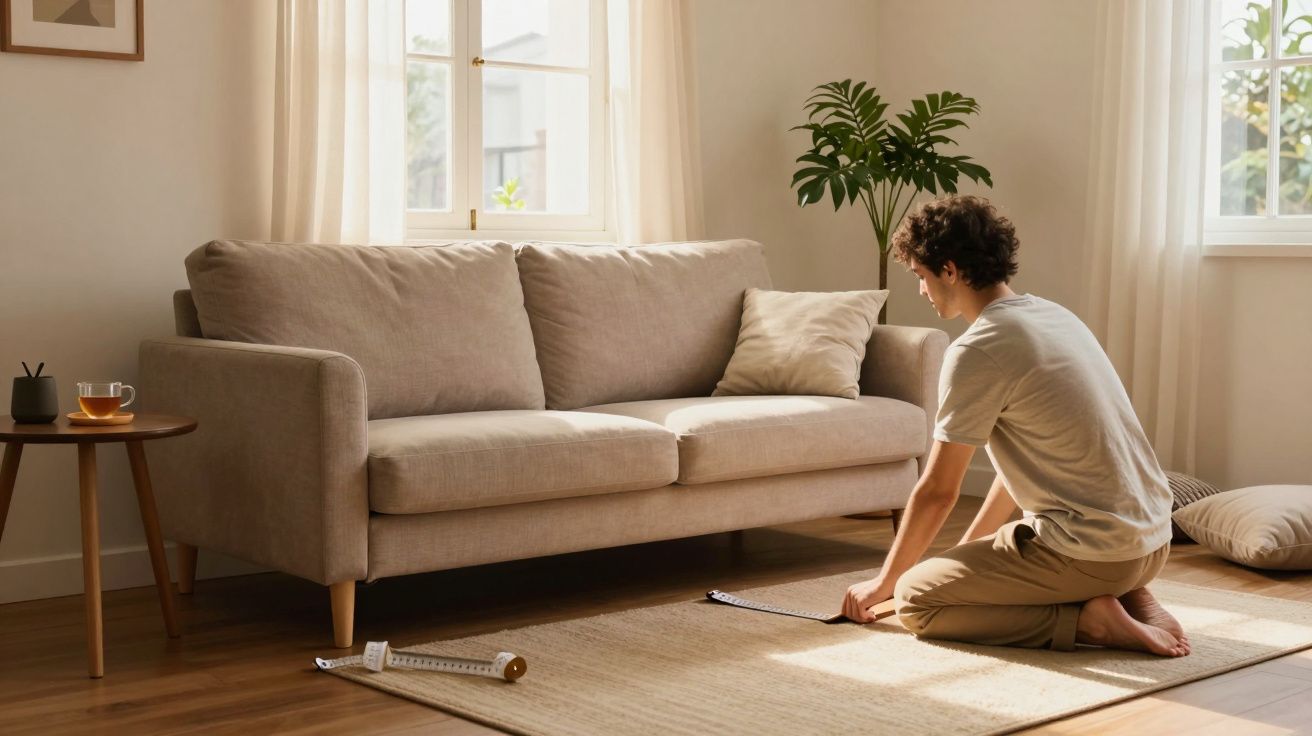 Homem ajoelhado a medir tapete em sala de estar com sofá bege, almofadas e planta ao lado de mesa com chá e caderno.