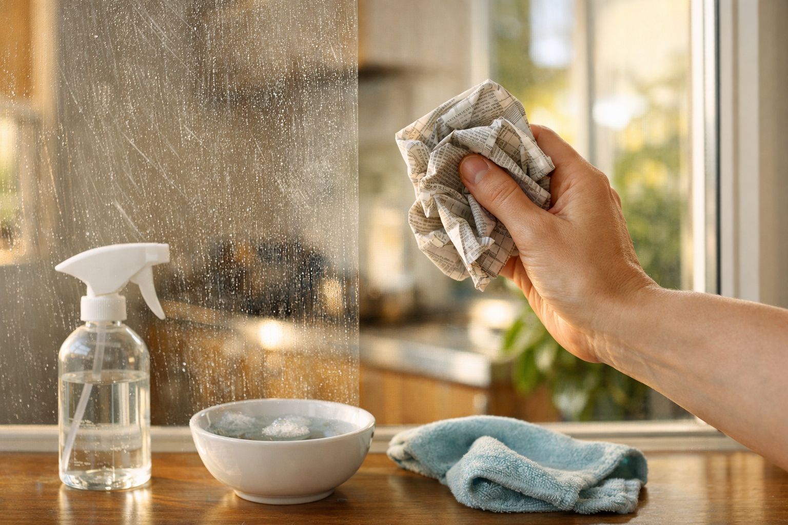Mão a limpar janela com pano, frasco de spray e tigela de água ao lado.