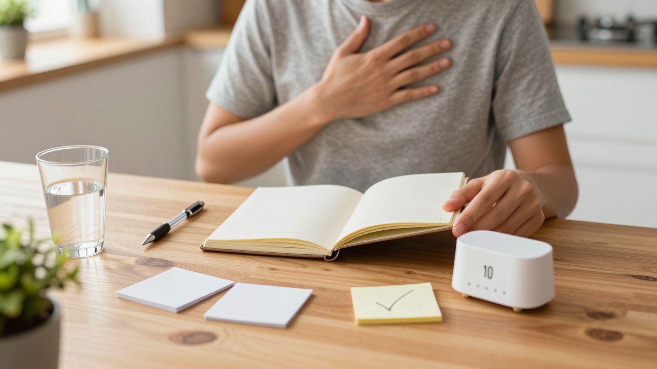 Pessoa escreve em caderno aberto numa mesa com água, blocos de notas, caneta e cronómetro. Uma mão no peito, a outra escreve.
