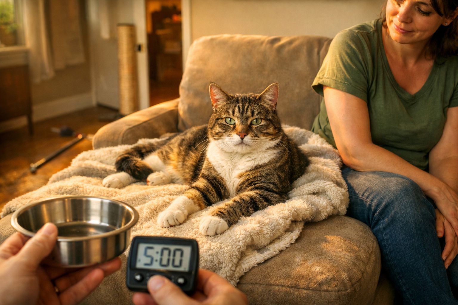 Gato tigrado deitado numa manta bege no sofá ao lado de uma pessoa, com tigela e cronómetro marcando 5:00.