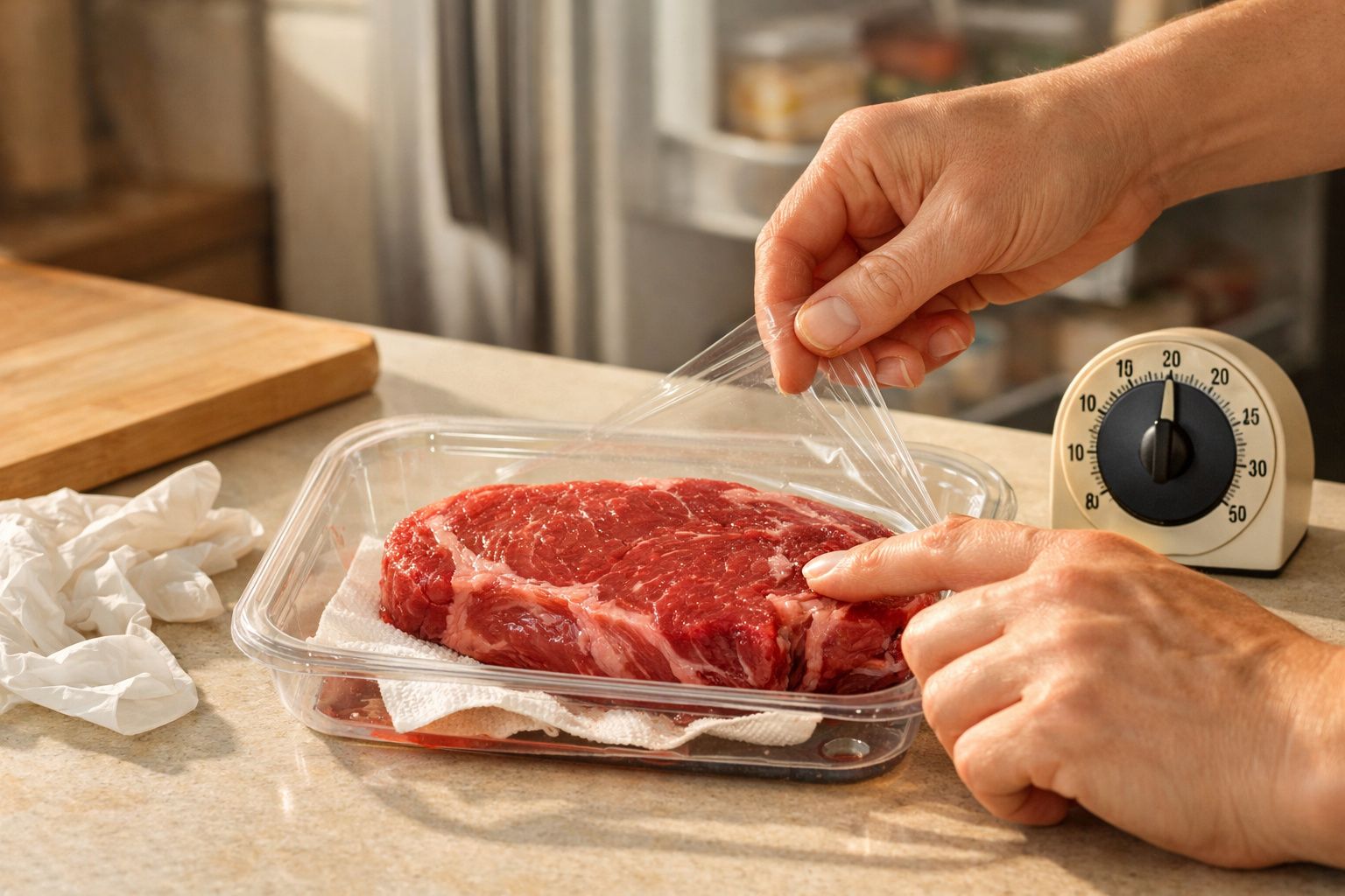 Mãos a retirar película de embalagem com carne vermelha crua numa cozinha, com um temporizador ao lado.