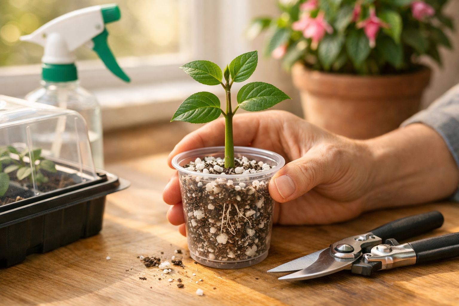 Mão segurando um pequeno vaso transparente com muda de planta sobre mesa de madeira, tesoura de poda ao lado.