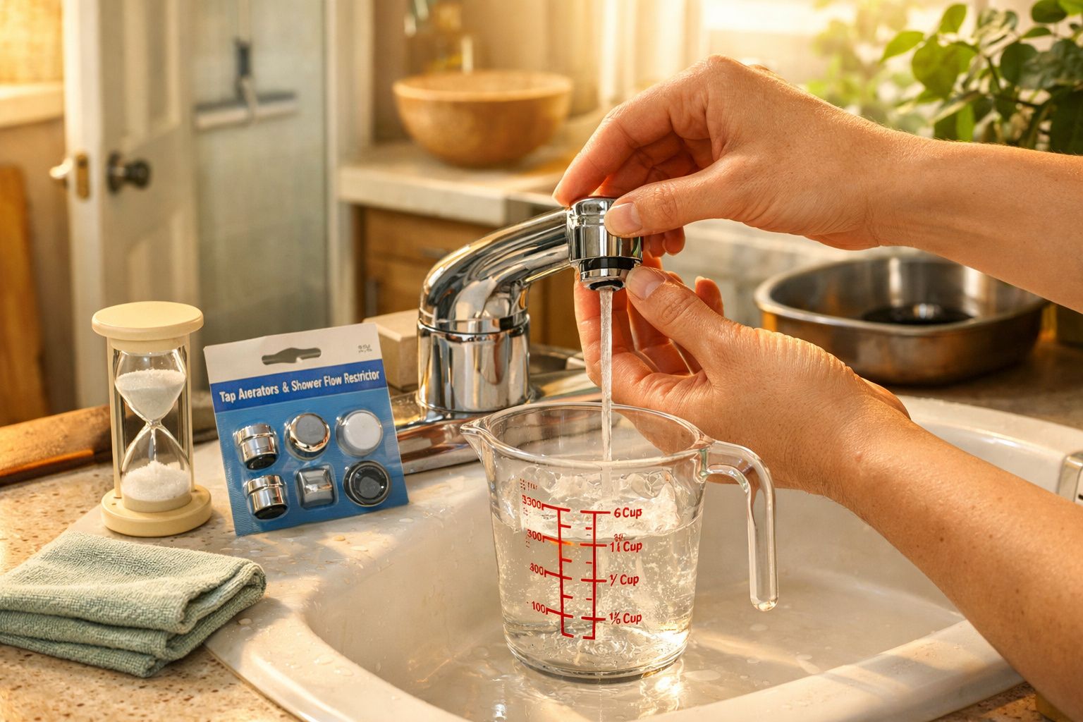 Mãos ajustam arejador de torneira enquanto água enche copo medidor na cozinha iluminada. Ampulheta e toalha ao lado.